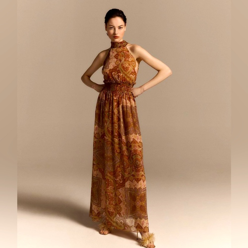 Liu Jo Boho Paisley Halter Smocked Made in Italy Maxi Floor Length Dress Size 8
